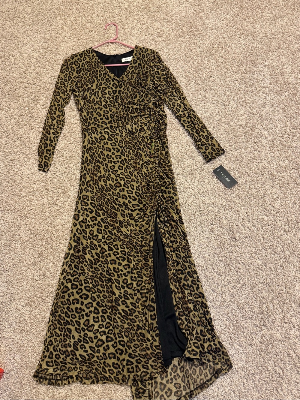 Taylor Long Sleeve Leopard Print Ruched Midi Dress - Brown/Tan NWT Sz 10